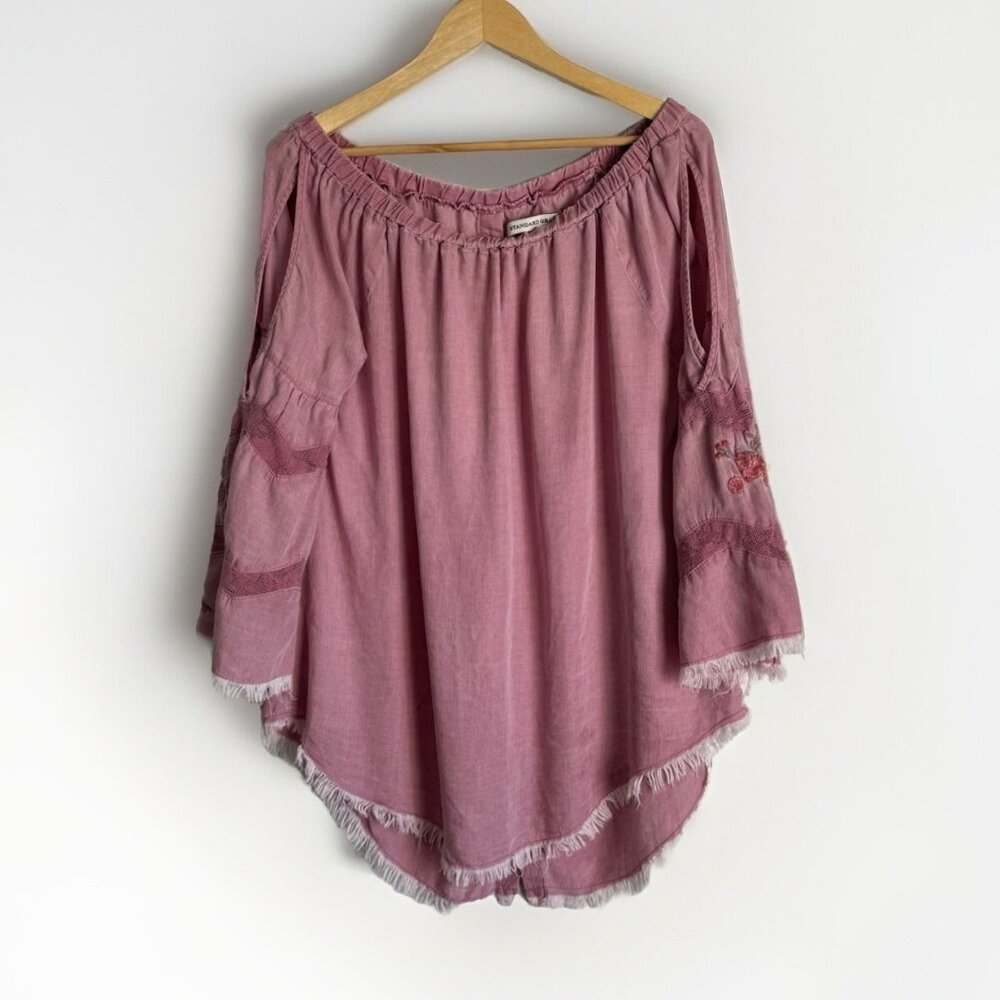 Standard Grace Mauve Embroidered Top Womens Large Boho Raw Hem Button Back